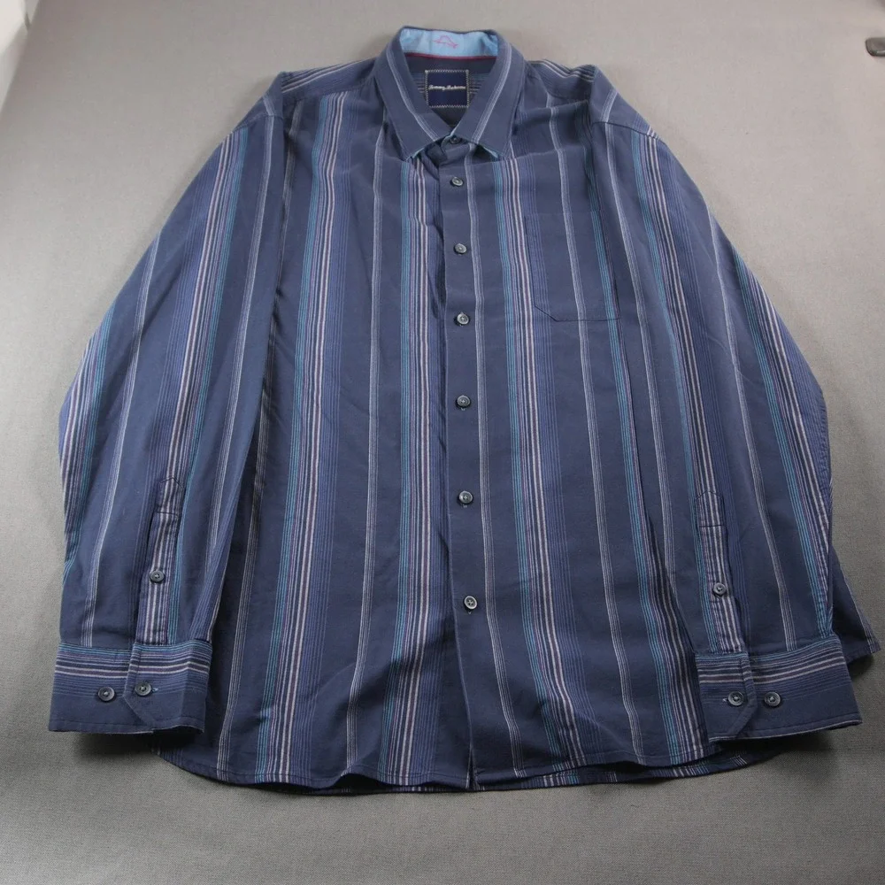 Tommy Bahama Silk Cotton Striped Long Sleeve Men Shirt XL Vacation Coastal Beach